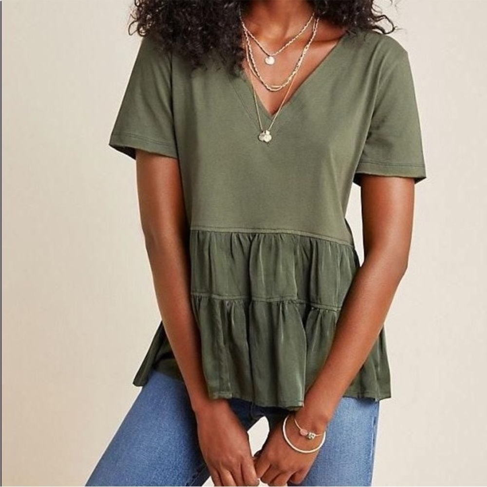 Maeve Anthropologie Louisa Tiered Tee V Neck Forest Green Top Shirt Sz S